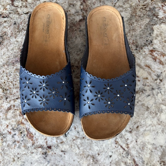 Flexus Shoes - Comfort Slide Mules with Floral Cutouts - Navy